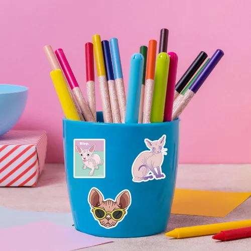 Vista 9 de 110 calcomanías de vinilo impermeables de dibujos animados de gato sin pelo de esfinge para adultos para botellas de agua, maletas para computadora