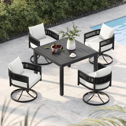 Vista 9 de Juego de comedor al aire libre Grand Patio de 5 piezas para 4, sillas de patio fijas de mimbre tejido metálico con cojines engrosados y 1 mesa