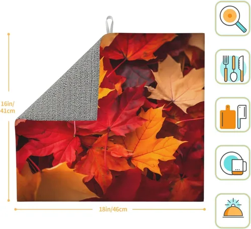 Vista 7 de Tapete de secado de platos de hojas de otoño para encimeras de 18 x 16 pulgadas, almohadilla protectora para escurridor de platos con lazo
