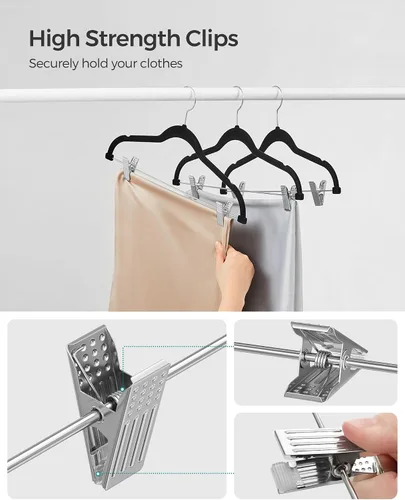 Vista 7 de SONGMICS Paquete de 20 perchas para pantalones, perchas de terciopelo de 16.7 pulgadas de largo con clips ajustables, perchas resistentes