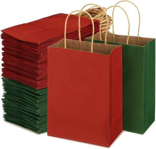 Vista 10 de Tenceur 100 bolsas de regalo de Navidad rojas y verdes, bolsas de papel kraft con asas, regalo de vacaciones para boda, baby shower, despedida