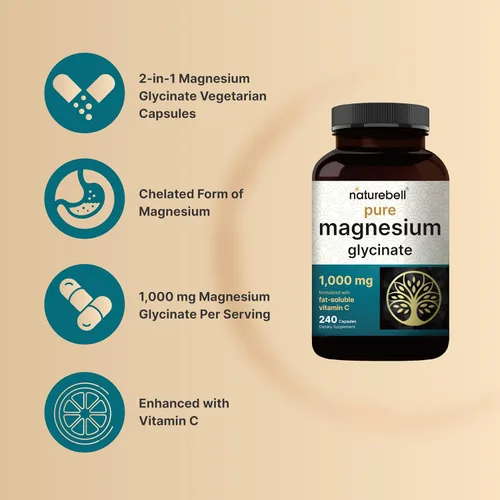 Vista 4 de NatureBell - Suplemento de glicinato de magnesio 1000 mg, 500 mg por cápsula, 240 píldoras, 100 % quelado y purificado, sin OGM y sin gluten
