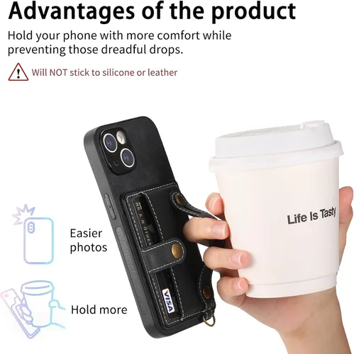 Vista 4 de Asuwish Funda de teléfono para iPhone 15 de 6.1 pulgadas con protector de pantalla de vidrio templado y correa de muñeca, soporte delgado