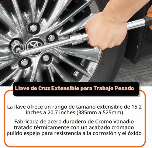 Vista 3 de Llave de cruceta telescópica con funda - Longitud ajustable de 15.2" a 20.7" Herramienta para neumáticos, acero CR-V de alto torque, bloqueo