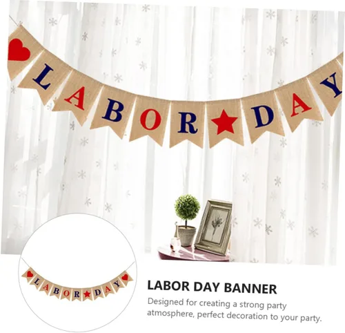 Vista 5 de Bandera del Día del Trabajo, adornos de arpillera, decoración del hogar, decoración de fiesta de trabajo, pancarta del 4 de julio, pancarta