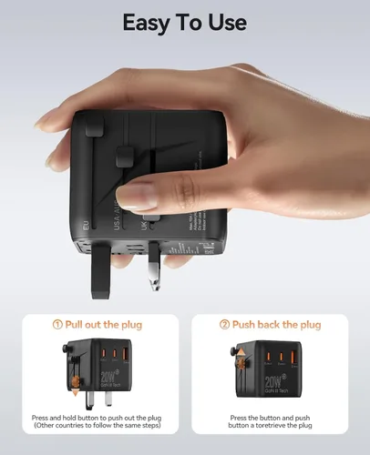 Vista 6 de ORICO Adaptador de viaje universal con 2 CA 2 USB-C y 1 conector USB-A, adaptador de corriente internacional PD 20W, cargador de pared esencial