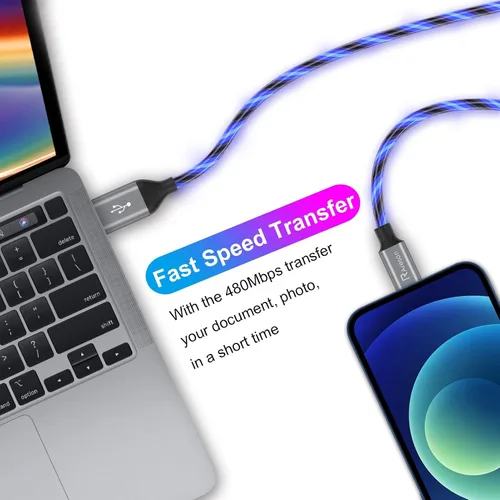 Vista 5 de Cable cargador de iPhone con luz LED, cables Lightning LED paquete de 1 Certificado MFi de Apple Cable de carga rápida USB para Apple iPhone 13