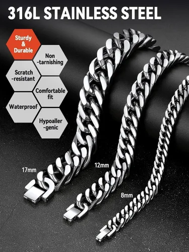 Vista 4 de FaithHeart Pulsera de eslabones cubanos de acero inoxidable para hombre, cadena de eslabones para hombre chapada en oro/negro/plata de 8/12/17mm