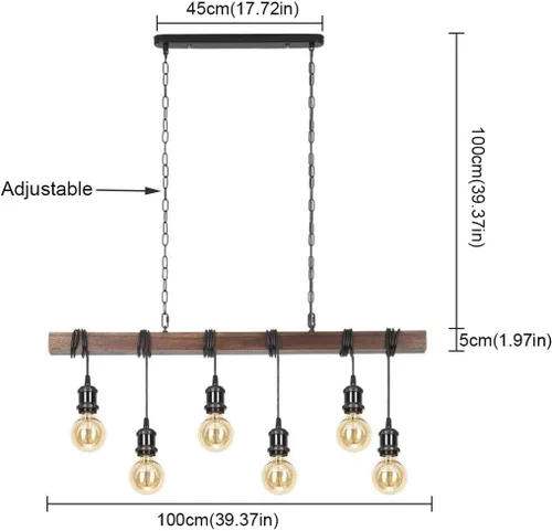 Vista 6 de Eoyemin Lámpara colgante de madera rústica con 6 luces de estilo rústico y retro, línea de suspensión industrial, se puede ajustar libremente