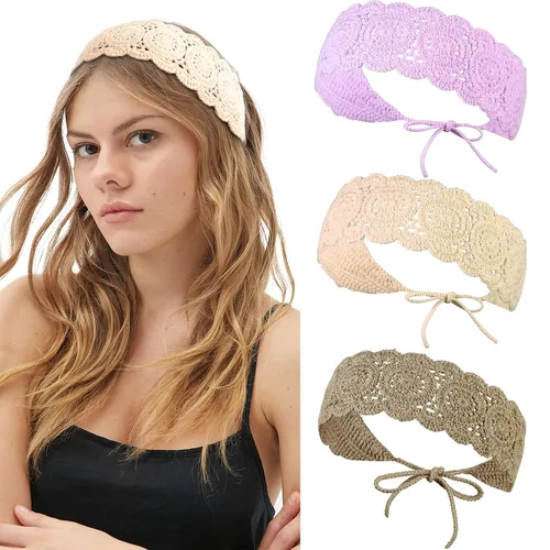 Vista 11 de CHLINS Diademas elásticas de ganchillo hechas a mano con margaritas florales – 3 unidades de diademas de punto bohemio para mujeres y niñas