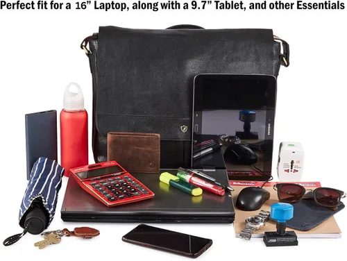 Vista 6 de Bolso de cuero real para computadora portátil, para hombres y mujeres, estilo vintage, estilo mensajero, bolso de hombro hasta 16 pulgadas