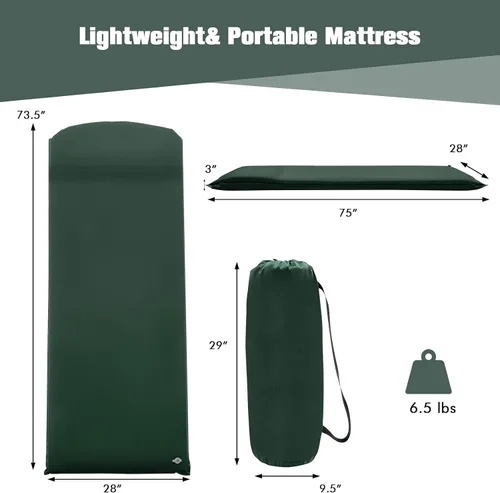 Vista 5 de Tangkula Colchoneta de dormir autoinflable, colchón inflable de 3 pulgadas con valor de 9.5R, tapete de espuma aislante con almohada, almohadilla