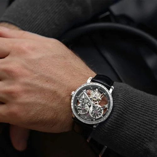 Vista 4 de AGELOCER Reloj de pulsera de cuero mecánico Tourbillon hueco de doble cara para hombre