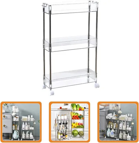 Vista 7 de Holibanna Carrito de almacenamiento delgado con ruedas de 3 niveles, estantería móvil, organizador de baño, blanco, transparente, para cocina, baño
