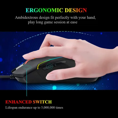 Vista 5 de E-YOOSO Ratón para juegos con cable RGB retroiluminado 6 botones programables con grabación macro, 6400 DPI ajustable, ratón ergonómico
