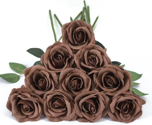 Vista 33 de DuHouse 10 rosas falsas de seda artificial, color morado otoñal Púrpura Otoño