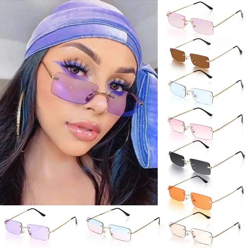 Vista 5 de genenic Gafas de sol rectangulares sin montura para mujeres y hombres, gafas de fiesta color caramelo océano