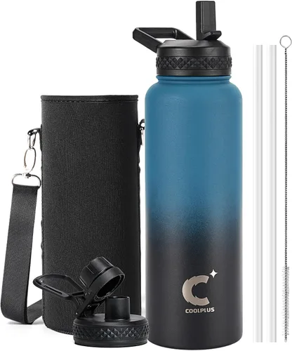 Vista 9 de Coolplus - Botella de agua de 32 onzas aislada, termo de agua de acero inoxidable con popote de metal de doble pared al vacío con funda de Negro