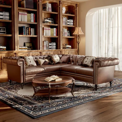 Vista 5 de Sofá modular Chesterfield de 85 pulgadas, sofá convertible de piel sintética en forma de L con cabeza de clavo copetuda y brazos enrollados, sofás