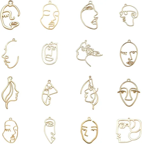 Vista 18 de Craftdady Colgantes de bisel abierto de cara abstracta, colgantes de bisel humano con espalda abierta, color dorado, marco hueco, perfil, cabeza