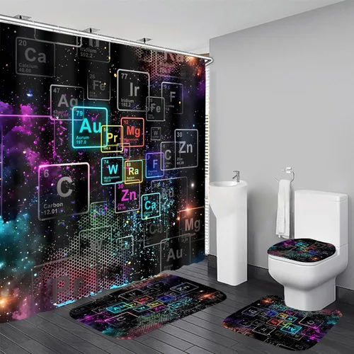 Vista 13 de Yizheer - Juego de cortina de ducha de 4 piezas con diseño geométrico y de color azul, moderno, para el baño, con 12 ganchos, tapete para la bañera