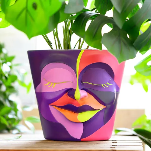 Vista 9 de GUGUGO Macetas únicas de cara para plantas, coloridas y lindas macetas para suculentas con drenaje, macetas abstractas de cabeza de arco iris