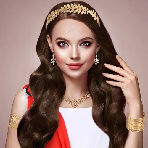 Vista 6 de Jiuguva Juego de 8 piezas de disfraz de emperatriz romana, reina griega, pulsera, corona dorada y cintura para mujer, fiesta de Halloween
