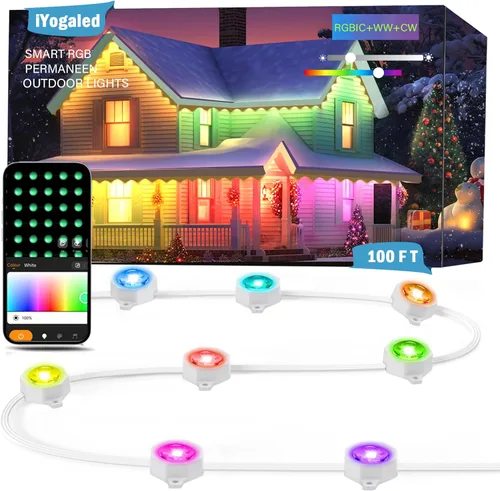 Vista 11 de iYogaled Luces exteriores permanentes para casa, 50 pies de luces de borde exterior inteligentes RGB con 63 modos de escena, luces LED impermeables