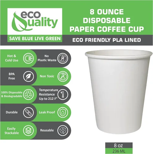 Vista 2 de EcoQuality Vasos desechables de papel blanco de 8 onzas para bebidas calientes, reciclables, compostables, ideales para oficina, salas de descanso