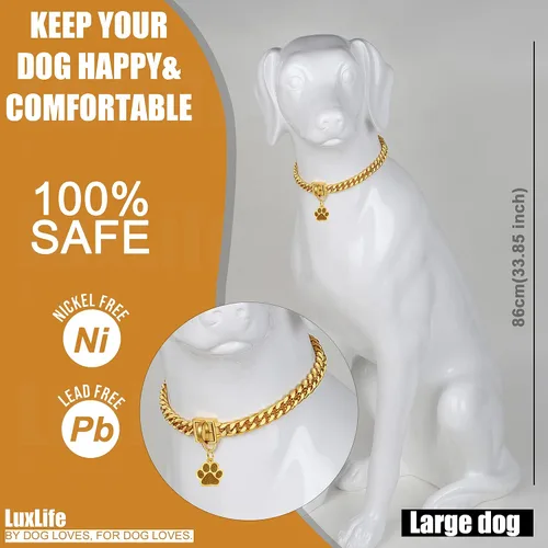 Vista 5 de Collar de cadena para perro, collar de cadena de oro de 0.555 pulgadas con eslabones cubanos de 0.55 pulgadas, con hebilla de cierre segura, cadena