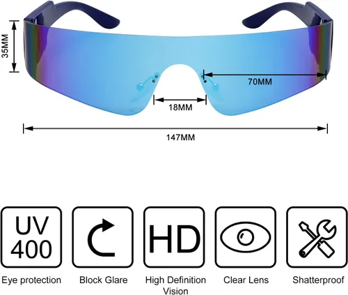 Vista 2 de Crazy Feng Gafas de sol envolventes futuristas sin montura para mujeres y hombres, Cyberpunk Visera, lentes de sol a la moda