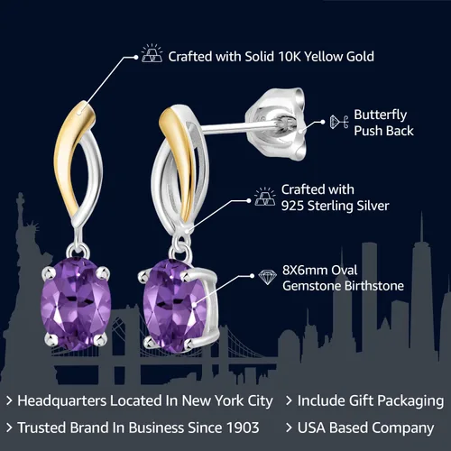 Vista 2 de 925 Sterling Silver and 10K Yellow Gold 8X6MM Oval Gemstone Birthstone Infinity Dangle Drop Earrings For Women