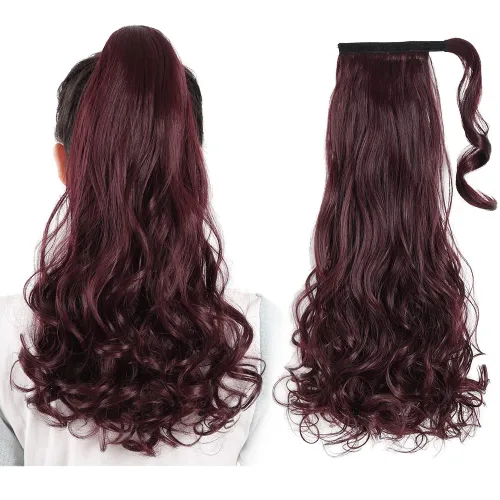 Vista 19 de Extensiones de cabello para cola de caballo, extensión de cola de caballo roja de 16 pulgadas, corta, ondulada, rizada, envolvente, cola de caballo