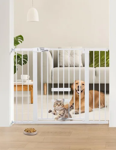 Vista 14 de BABELIO Nueva Versión Puerta de Bebé con Puerta para Gatos Ajustable, Puerta de Mascotas de Metal de 29-40" para Escaleras y Puertas, Montaje a Negro