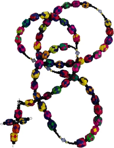 Vista 3 de Leos Imports Rosario de palma multicolor tradicional mexicano hecho a mano, rosario religioso católico/cristiano colorido - Hecho en México, Palma