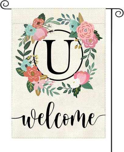 Vista 24 de Bandera de jardín con letra monograma, floral, 12 x 18 pulgadas, doble cara para exterior, pequeña de arpillera, familia, apellido, bandera inicial