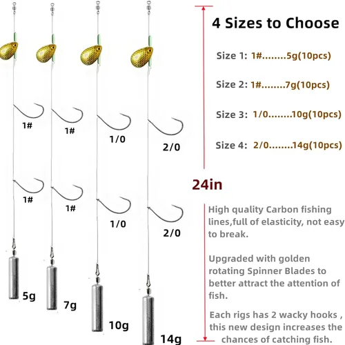 Vista 2 de 10Pcs Drop Shot Ready Rigs Kit with 2 Fishing Wacky Hooks,No Snag Skinny Sinker(1/2oz,3/8oz,1/4oz.1/5oz.), Spinner Blades， Fishing Bass Rig Cylinder
