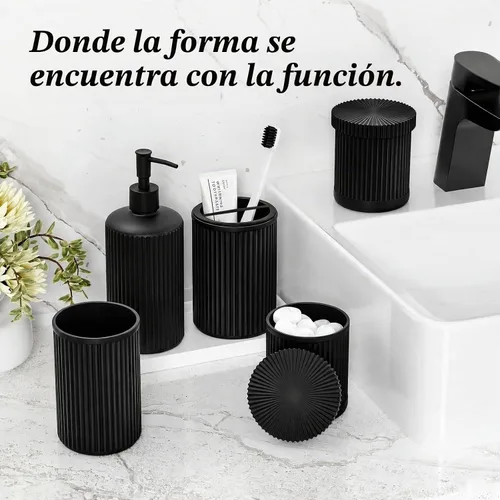Vista 3 de Juego de accesorios de baño de cristal negro, 5 piezas, dispensador de jabón acanalado vintage, soporte para cepillo de dientes, vaso, tarro Qtip