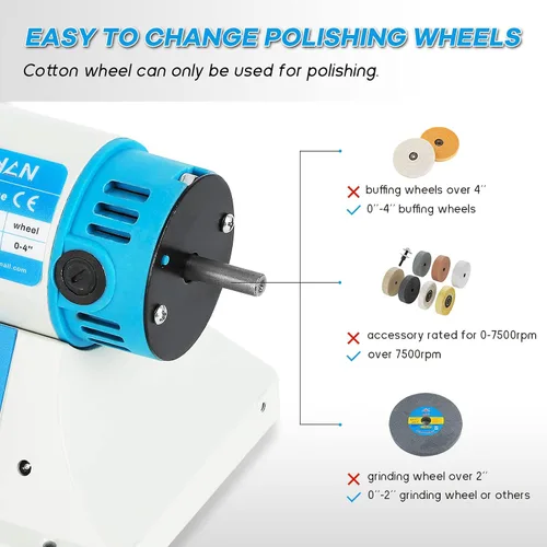Vista 8 de Amortiguador de banco de velocidad variable con 3 tipos de ruedas de pulido Jewelry Polisher Benchtop Buffing Machine, 110V Electric, for Jewelry