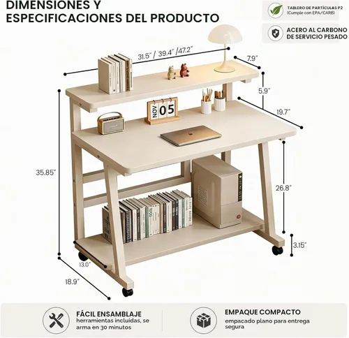 Vista 3 de Escritorio compacto de 39.4 pulgadas para computadora con mesa de trabajo de niveles y ruedas con bloqueo, escritorio pequeño para dormitorio