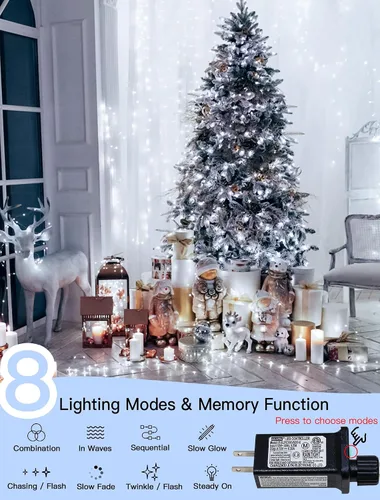 Vista 2 de Cadena de 200 luces LED de 98 pies, impermeables con 8 modos con memoria, fuente de alimentación certificada por UL de 30 V para el hogar, jardín