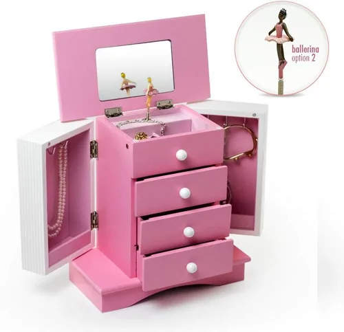 Vista 3 de Joyero musical de madera pintada en color rosa y blanco para niña - Elise by Mele & Co.- Muchas canciones a elegir