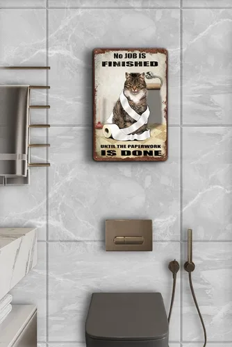 Vista 5 de Cartel de hojalata de baño con diseño de gato con texto en inglés "No Job is Finish" para inodoro, baño, jardín, bar, granja, patio, garaje, club