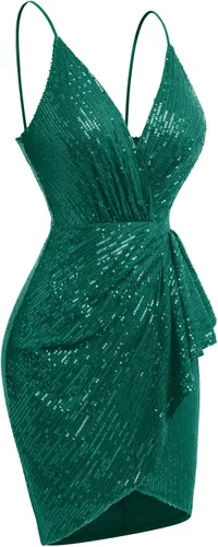 Vista 2 de Vestido de fiesta para mujer, manga 34, cuello en V, lentejuelas brillantes, glamuroso, flapper, cóctel, purpurina, para boda, noche, club