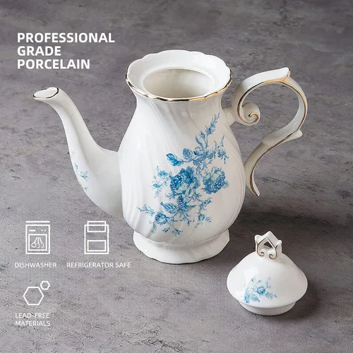 Vista 3 de Tetera de cerámica Agyiuns, tetera de porcelana con tapa, 38.8 Oz para té, leche, café, té de flores (Azul)