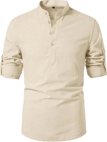 Vista 5 de Camisas de Algodón y Lino para Hombres Ligeras Casuales de Manga Larga Henley Playa Hawaianas Tops
