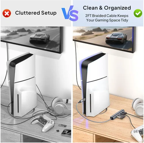 Vista 3 de Elebase USB Hub for PS5 Pro/Slim,4 Port USB 3.0 Multiple Splitter 1 in 4 Out with 0.7FT Long Cable,5Gbps High-Speed Extender Hub with OTG & USB
