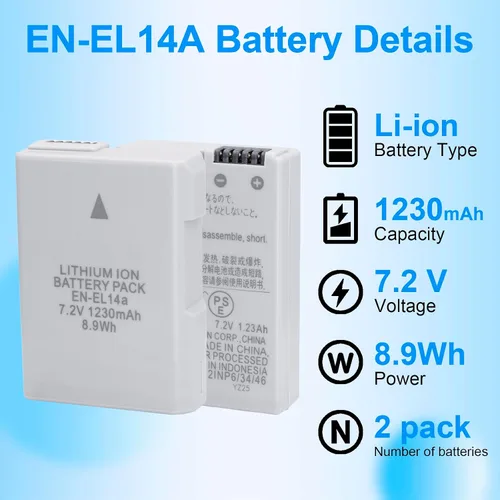 Vista 3 de EN-EL14 EN-EL14A - Batería de 1230 mAh con cargador rápido MH 24 para Nikon D3100 D3200 D3300 D3400 D3500 D5100 D5200 D5300 D5500 D5600 P7 000