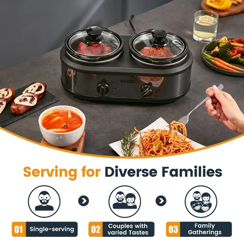 Vista 3 de KOOC Olla de cocción lenta doble pequeña, servidor de buffet y calentador, 2 ollas mini con 3 temperaturas ajustables individuales, ollas cerámicas