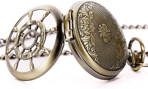 Vista 5 de TREEWETO Reloj de bolsillo con doble cubierta de bronce con números romanos para hombre y mujer